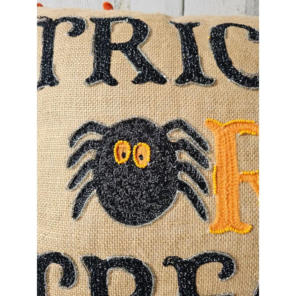 Trick or treat‎ Halloween beaded pillow burlap orange unique shabby chic spider